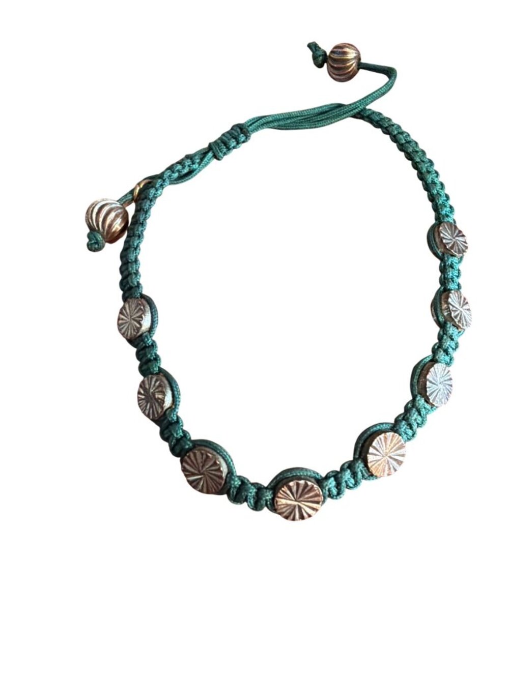 Rose Gonzales Green Braided Bracelet Copper Tone Sunburst Beads Slide Adj NWOT